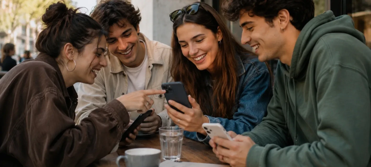 grupo de jovenes utilizando un dispositivo móvil para comprar online