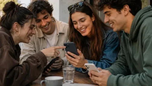 grupo de jovenes utilizando un dispositivo móvil para comprar online